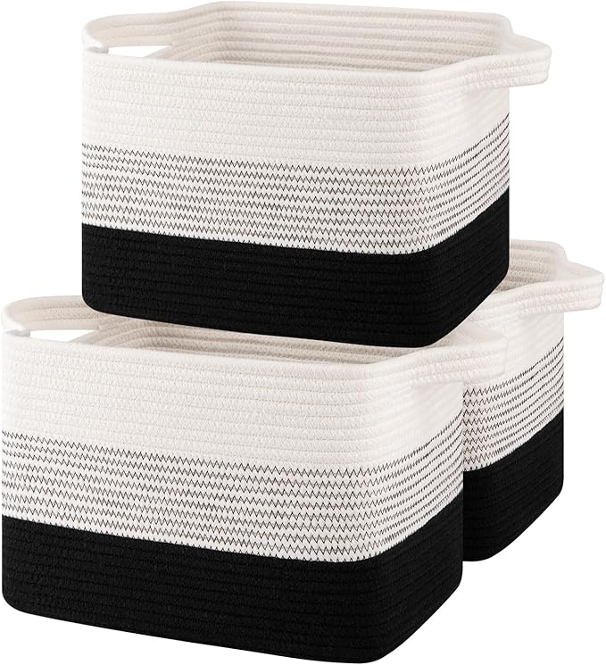 Storage Baskets for Organizing, Woven Baskets for Shelves, Rectangle Decorative Organizer for Storage Clothes, Toy, Books, Towels Nursery Bins 3 Pack (Gradient Black)