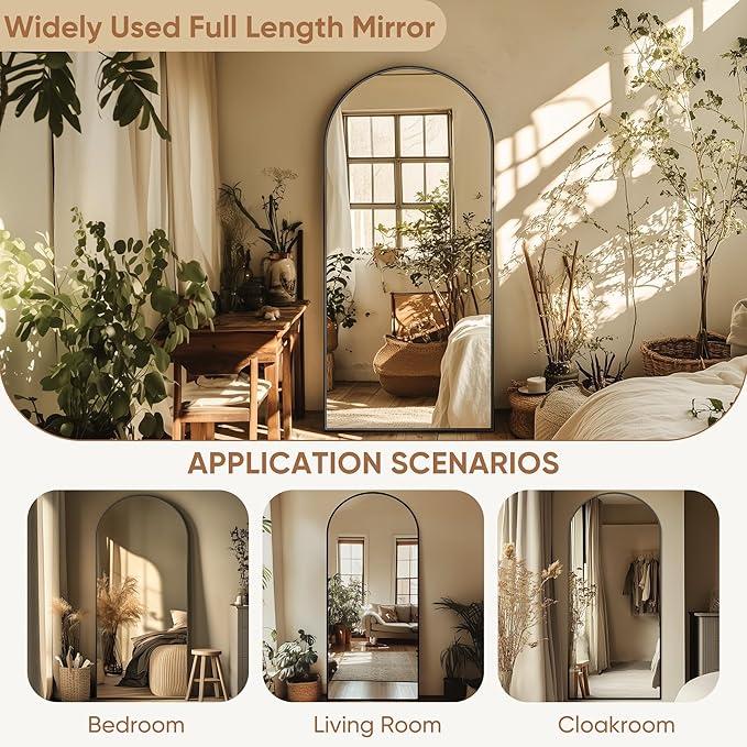 68"x26" Full Length Mirror, Arched Full Body Mirror, Standing Hanging or Leaning Floor Mirror for Bedroom and Living Room, Black