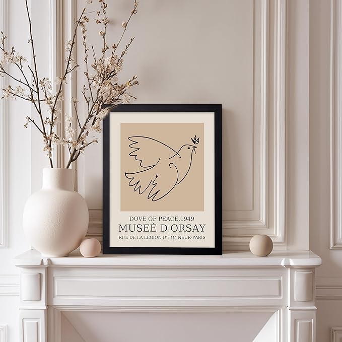 Poster Master Vintage Poster - Retro Minimalist Print - Gift for Artist, Friend - Dove Of Peace, Line Drawing, Sketch, Abstract - Wall Decor for Living Room, Bedroom, 8x10 Black Framed
