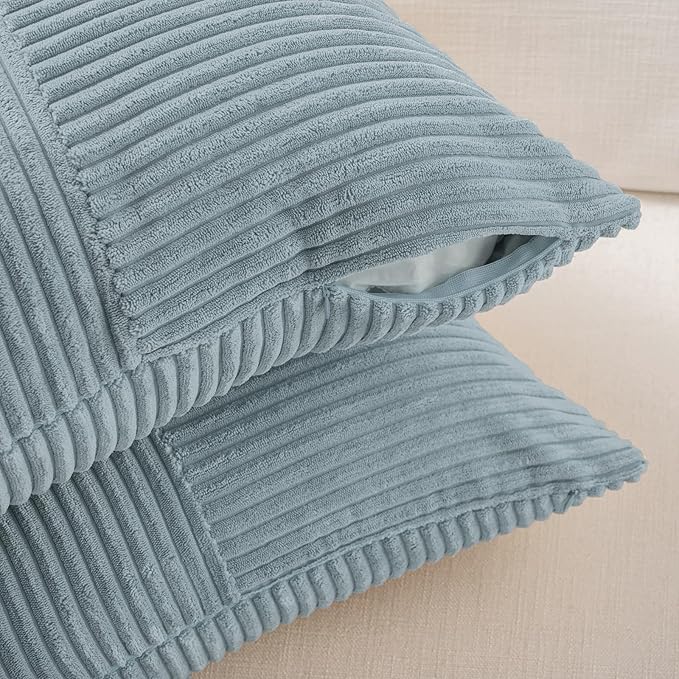 Fancy Homi Set of 2 Light Blue Samll Decorative Throw Pillow Covers 18x18 Inch with for Couch Bed Sofa Living Room, Soft Cross Patchwork Striped Corduroy Coastal Blue Square Cushion Case 45x45 cm