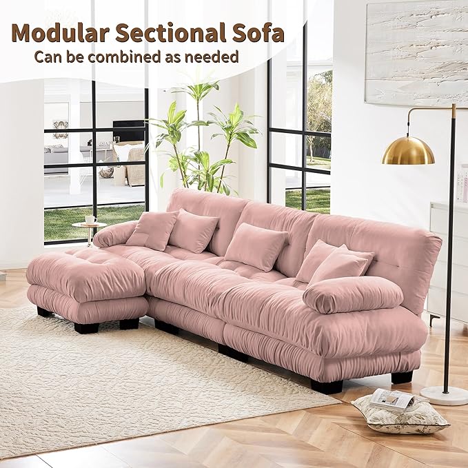 Pink 3-Seater L-Shaped Cloud Couch, Oversized Loveseat Sectional Sofa with Ottoman, Chenille Fabric, Modern Style