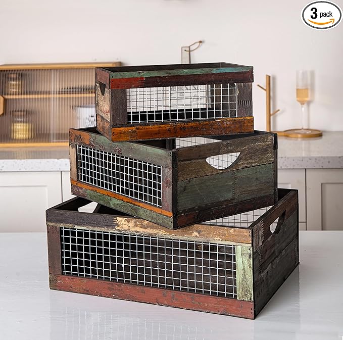 TIMRIS Set of 3 Rustic Wood Nesting Crates, Farmhouse Distressed Wooden Storage Boxes, Decorative Reclaimed Wood Organizer Baskets with Wire Mesh (Random)