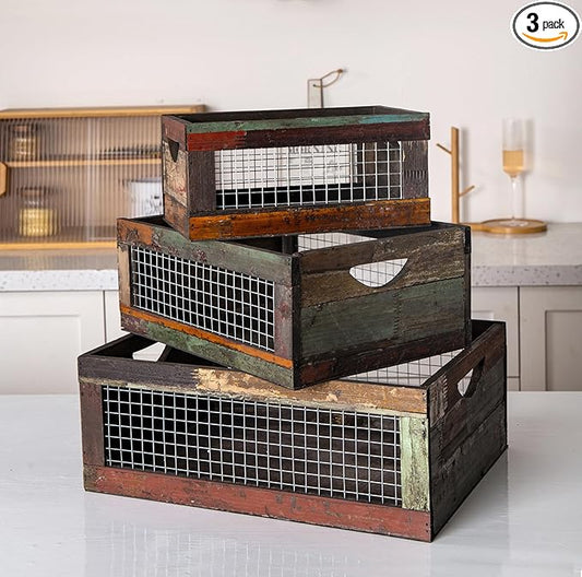 TIMRIS Set of 3 Rustic Wood Nesting Crates, Farmhouse Distressed Wooden Storage Boxes, Decorative Reclaimed Wood Organizer Baskets with Wire Mesh (Random)