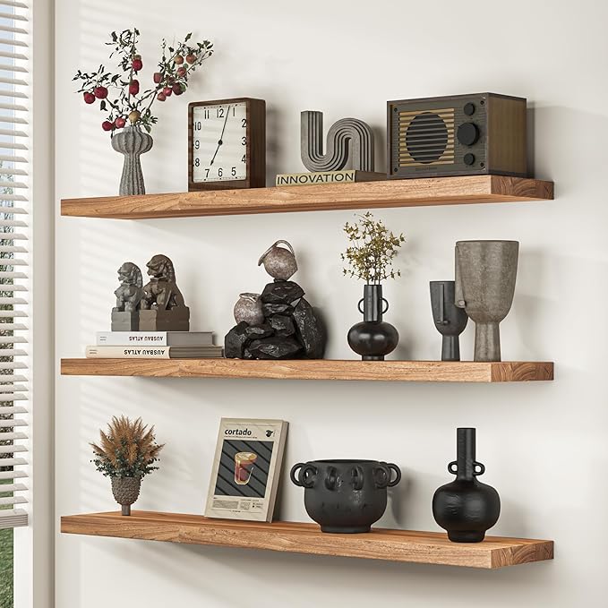 Fun Memories Wood Floating Shelves for Wall, 48 Inch Floating Shelves Wall Mounted, Rustic Elm Wood Shelf for Home Decor, Heavy-Duty Storage Shelves for Living Room, Bathroom, Kitchen, Natural Finish