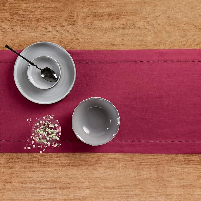 Solino Home Linen Beet Table Runner 132 Inches Long - 100% Pure Linen Extra Long Table Runner 14 x 132 Inch for Fall, Autumn, Thanksgiving - Classic Hemstitch