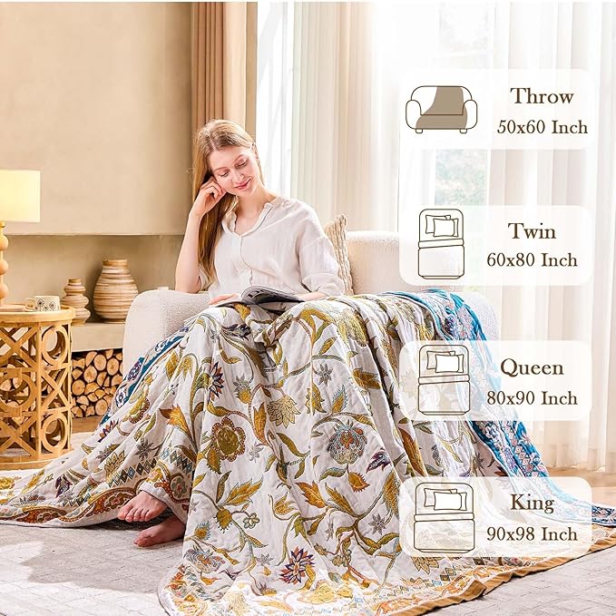 Fall Throw Blanket for Couch, Brown Boho Decorative Throw Blanket, 100% Cotton Muslin Breathable Woven Farmhouse Blankets Quilt, 50"x60" Reversible Lightweight Blankets Bohemian Throw Quilt