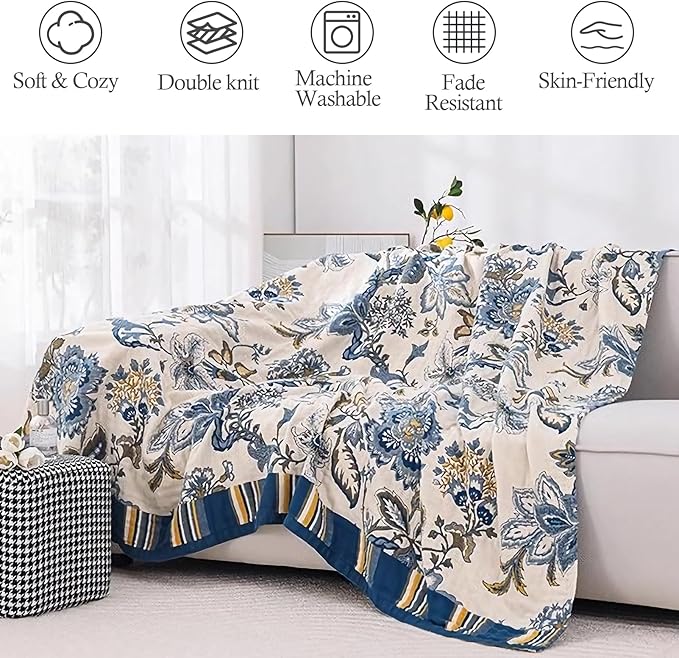 Snycler Boho Throw Blanket for Bed - 100% Cotton Ultra Soft Rustic Quilt - White Blue Floral Printed Farmhouse Decor Bed Blankets, 80"×90" All Season Rustic Throw for Sofa Couch Chair