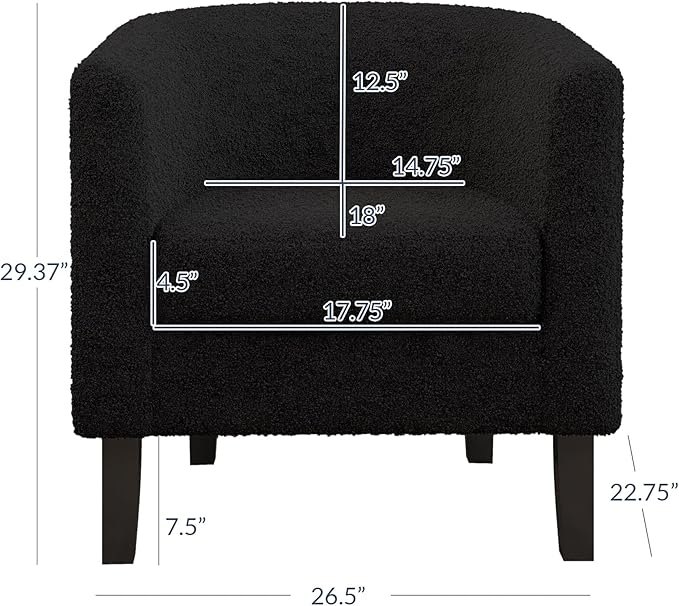 BELLEZE Living Room Chair, Teddy Polyester Accent Barrel Chair, Club Tub Sofa Chair for Bedroom, Corner Chair with Flared Legs and Cozy Soft Padding - Highland (Teddy Black)