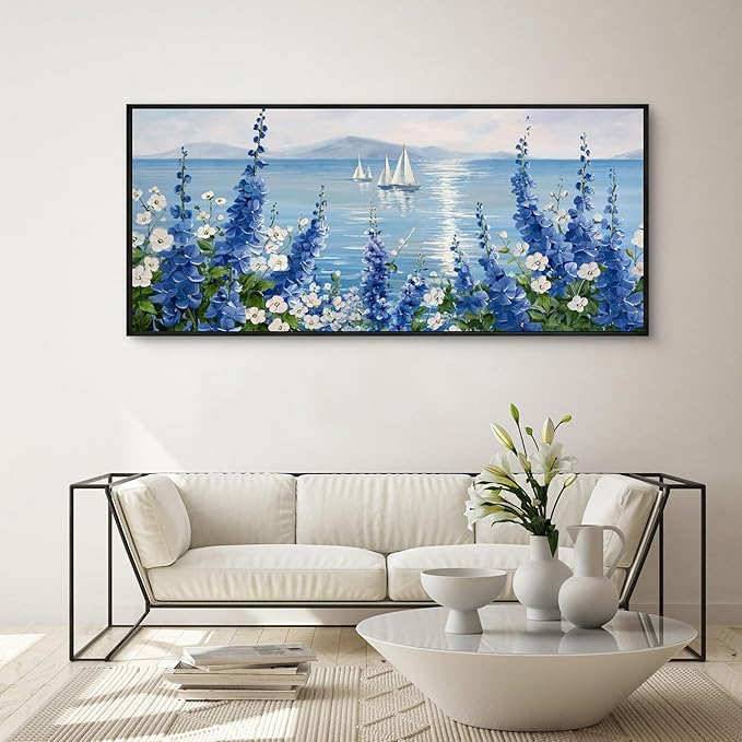 XLSJERST Large Sailboat Wall Art - Blue Canvas Abstract Painting Textured Picture Artwork Vintage Nautical Flower Painting Coastal Modern Print 70"x31" Frame for Living Room Bedroom Home Decoration