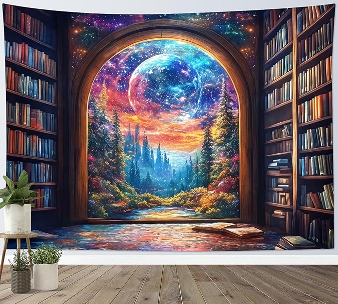 LB Fantasy Bookshelf Moon Tapestry, Trippy Tree and Vintage Library in Forest Wall Tapestry for Bedroom, Galaxy Cool Wall Art for Living Room Dorm Classroom Home Decor Ready to Hanging, 92.5 x 70.9 Inches