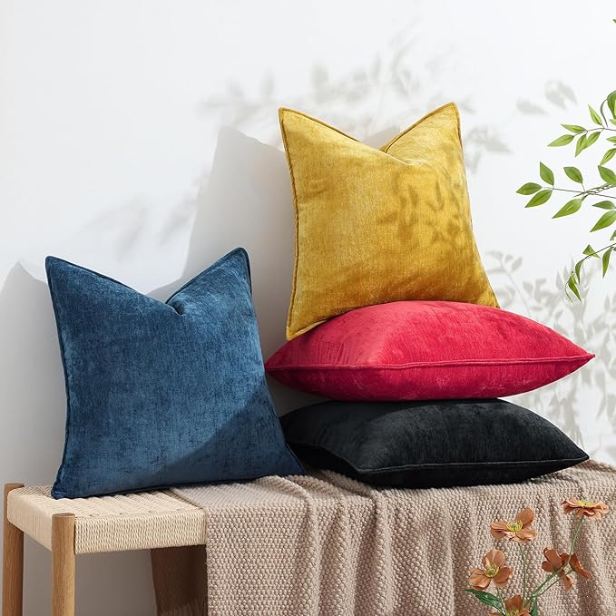 decorUhome Christmas Couch Throw Pillow Covers 16x16 Set of 2, Decorative Soft Euro Neutral Chenille Pillow Covers with Elegant Design for Sofa Bed Living Room Home Decor, Red