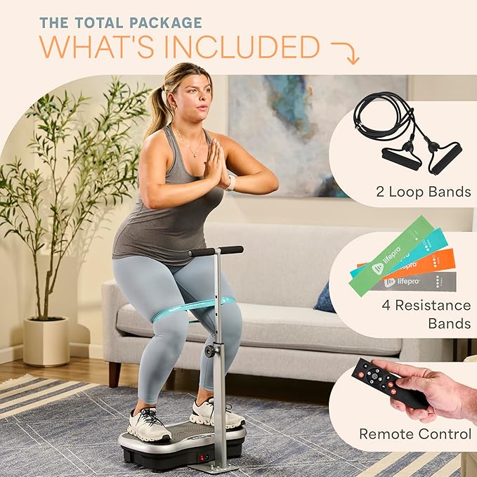 Lifepro TrimLite Vibration Plate Exercise Machine with Handlebars – Whole Body Vibration Platform for Lymphatic Drainage & Weight Loss – 99 Speed Levels, Bluetooth Speaker, Resistance Bands & Remote