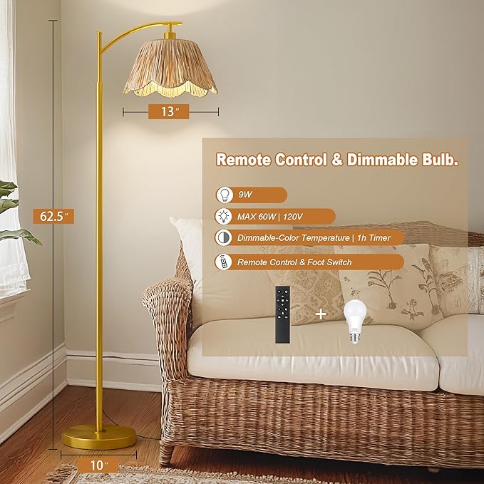 Oneach Boho Floor Lamp with 3 Color Temperatures, Farmhouse Floor Lamps for Living Room with Remote & Dimmable Bulb, Rattan Floor Lamp for Bedroom, Gold