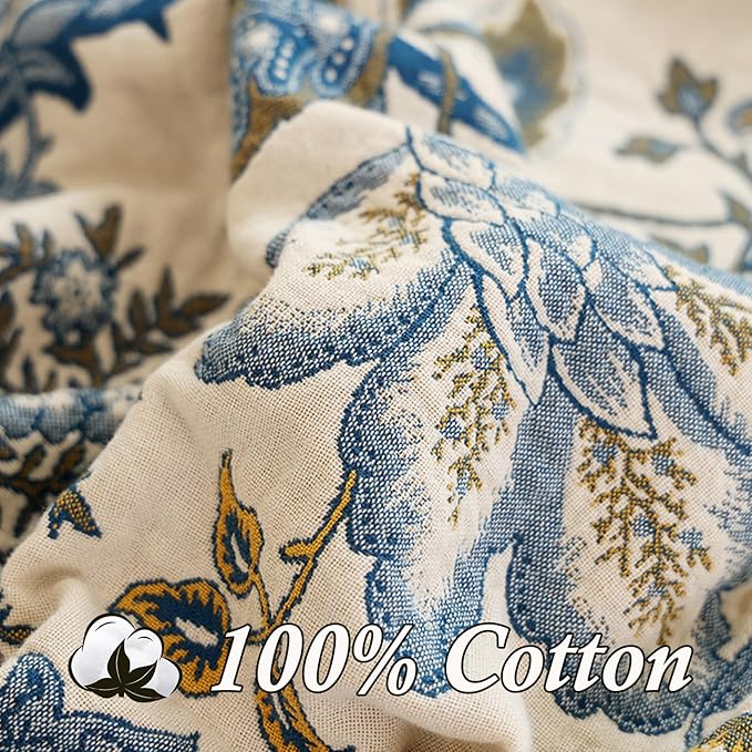 Snycler Boho Throw Blanket for Bed - 100% Cotton Ultra Soft Rustic Quilt - White Blue Floral Printed Farmhouse Decor Bed Blankets, 80"×90" All Season Rustic Throw for Sofa Couch Chair