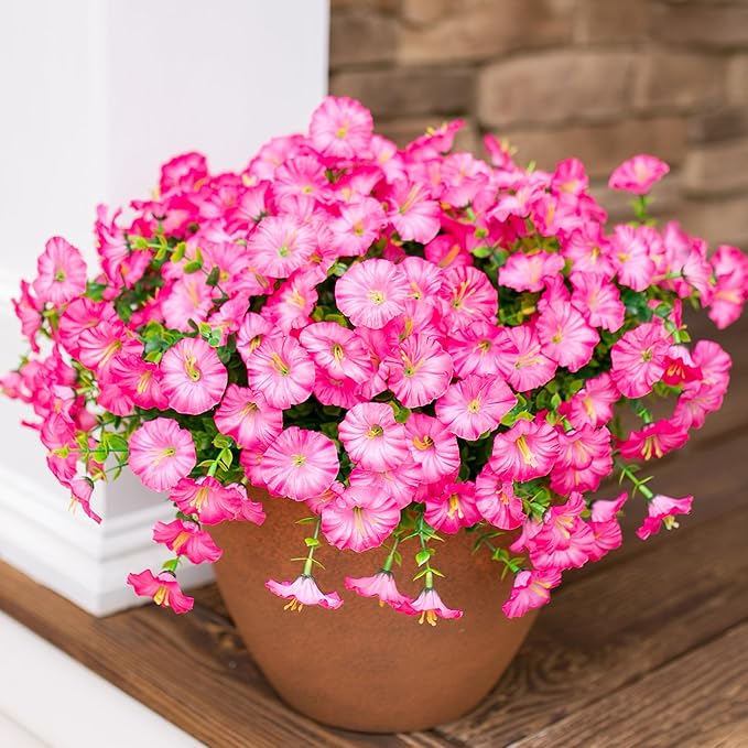 Artificial Flowers for Outdoors Fake Plants Outside Decoration, 12 Bundles Silk Pink Morning Glory with Eucalyptus UV Resistant Look Real Faux Flowers for Planter Front Door Yard Gardens Home