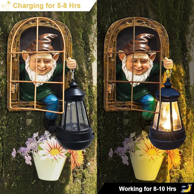 Whimsical Fairy Garden Gnomes with Solar Lights-10 Elf Out The Door Tree Hugger Garden Statues-Outdoor&Yard Decor-Tree Face Sculpture,Ideal Gnomes Gifts - Yard Art for Patio,Fence,Wall