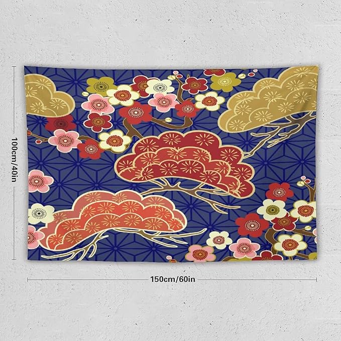 HZOHNAGO Japanese Tapestry Art Abstract Colorful Cherry Blossom Blue Background Pattern Printed Wall Tapestry Painting Wall Hanging for Bedroom Living Room Dorm 60" W x 40" H
