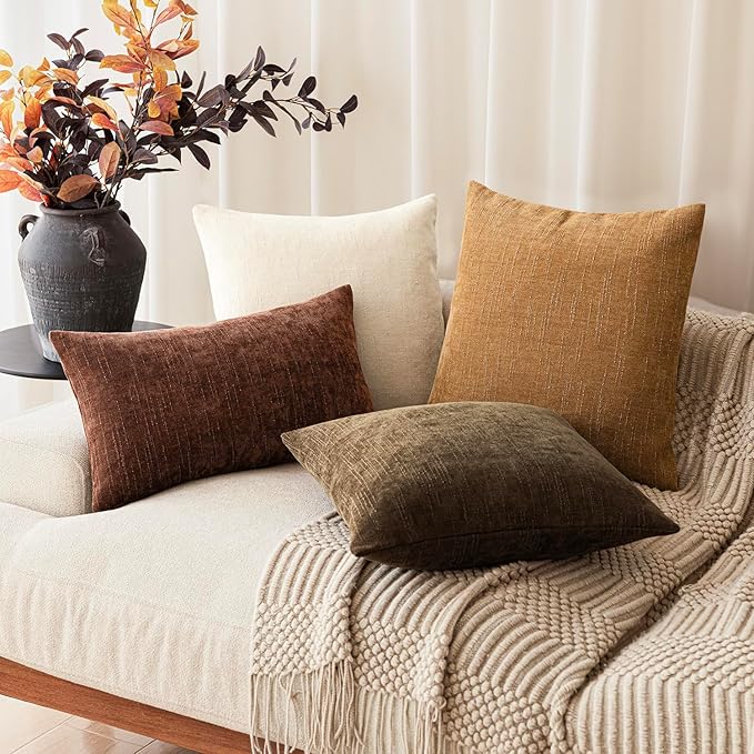 Foindtower Set of 2 Soft Textured Chenille Throw Decorative Pillow Covers Square Accent Solid Cushion Cover Neutral Farmhouse Pillow Case for Couch Sofa Bedroom Living Room 18x18 Inch,Golden Brown