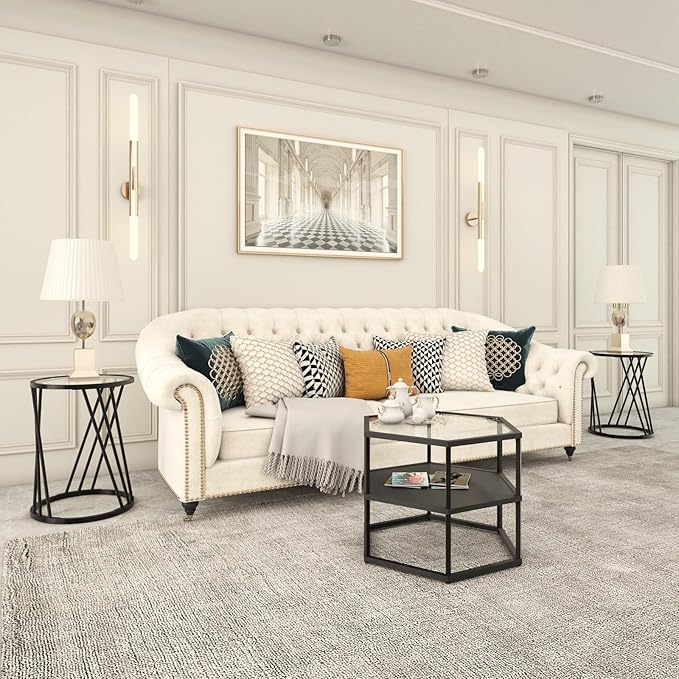 Round Side Table, Modern End Tables for Living Room Office Small Spaces, Glass Black End Table with Metal Frames, Nightstand for Bedroom, Bedside Furniture, Easy Assembly