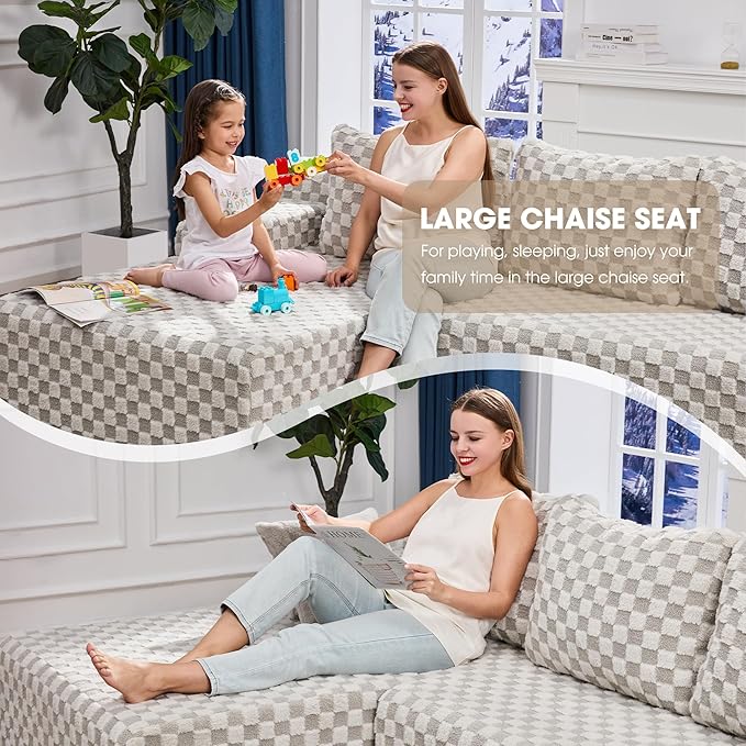 Hobestluk 96“ Modular Sectional Sofa Couches L-Shape Couch 3 Seat Modular Sofa Sectional Couches for Living Room, Cloud Couch with Oversized Chaise (Greygreen, Checked (Left Facing Chaise))