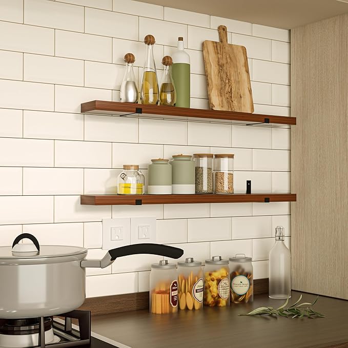 CONSDAN Floating Shelves for Wall Mounted Book Shelf Hanging Shelves Floating Bookshelf for Bedroom, Bathroom, Living Room, Kitchen USA Grown Solid Hardwood, Dark Maple 16x7.5x1.5 in (Set of 2)