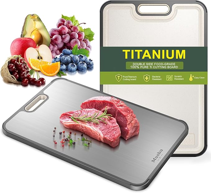 Mushu Titanium Cutting Boards for Kitchen,Upgrated Double Sided Food-Grade 100% Pure Titanium w/Wheat Straw PP Chopping Board for Meat Vegetable Fruit,Easy to Clean,Kitchen Gifts Large Size