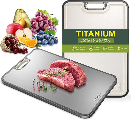 Mushu Titanium Cutting Boards for Kitchen,Upgrated Double Sided Food-Grade 100% Pure Titanium w/Wheat Straw PP Chopping Board for Meat Vegetable Fruit,Easy to Clean,Kitchen Gifts Large Size