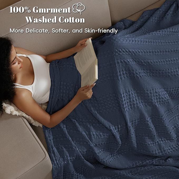PHF 100% Cotton Waffle Weave Blanket Queen Size, Soft Lightweight Breathable Cozy Summer Blankets for Bed, Luxury Aesthetic Woven Bedding for Home Decor, 90"x90", Dark Navy