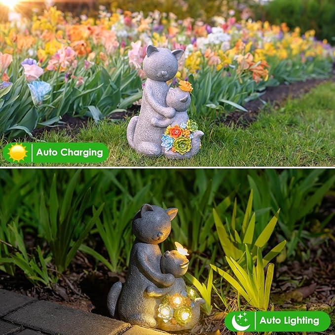 Solar Garden Statues Loving Cat Figurine Lights for Outside, Yard Decorations Outdoor, Garden Decor Unique Mothers Day Birthday Housewarming Gifts for Mom, Women