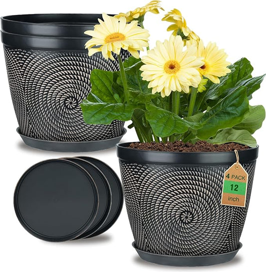 Quarut 12 Inch 4 Pack Large Plant Pots, Plastic Flower Pot for Indoor & Outdoor with Drainage Holes & Saucer, Circle Pattern Planters Garden Pots for Herbs