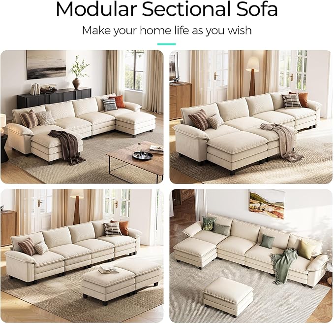 LINSY HOME Modular Sectional Sofa - 157'' Comfy Corduroy Cloud Sofa Oversized U Shaped Couch with Movable Ottoman, Soft Modern Sofa for Living Room Apartment, Beige