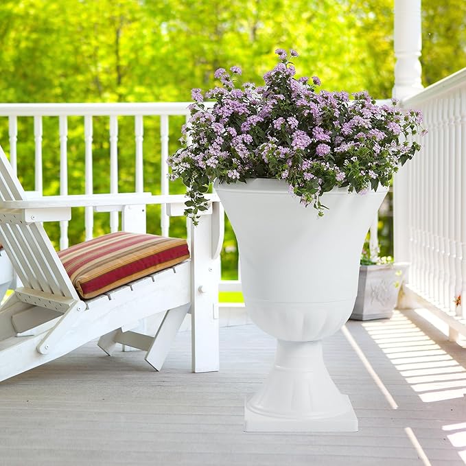 Worth Garden 2-Pack Plastic Urn Planters - 22'' Tall Round Classic Resin Flower Pots Pure White Traditional Large Plant Pots for Front Porch Patio Deck Wedding Decoration Pot - Indoor & Outdoor