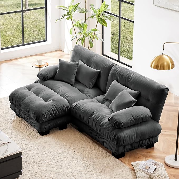 Loveseat Modular Sectional Sofa, L Shaped Couch with Ottoman, Cloud Couch Sectional Couch Home Sofa Living Room Oversized Couch Deep Seat Couch with Round Bolster Armrests 4 Pillows(Gray)
