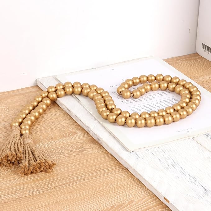 58in Wood Bead Garland with Tassels, Farmhouse Rustic Country Decor Prayer Boho Wall Hanging Decoration (Gold)