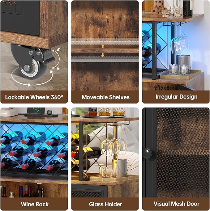 Wine Bar Cabinet with Wheels, 4-Tier Bar Cart with Power Outlets and LED Light, Liquor Cabinet Home Mini Bar with Wine Rack, Coffee Bar Cabinet for Liquor, Rustic Brown