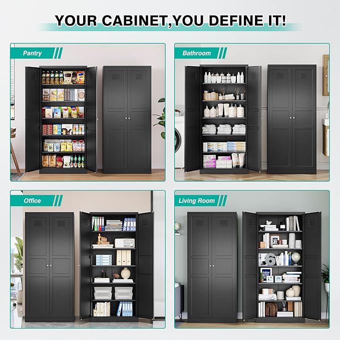 SISESOL Black Storage Cabinet,71" Tall Pantry Cabinet,Kitchen Pantry Storage Cabinets with 2 Doors and 6 Shelves,Wide Deep Metal Food Cupboard for Home,Kitchen,Dining/Living Room
