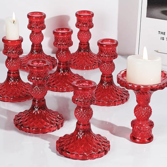 12Pcs Red Candlestick Holders Set- 4" H Taper Candle Holders Bulk, Glass Candle Holders for Activities, Party, Romantic Dinner Table Centerpieces, Festival Gifts & Windowsill Decor