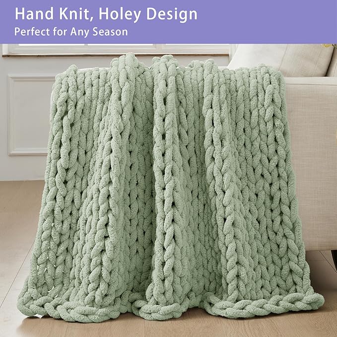 Bigacogo Chunky Knit Throw Blanket for Couch, 40x60 inches, 100% Hand Knitted with Thick Jumbo Chenille Yarn, Cozy Soft Large Rope Knot Cable Crochet Blankets for Sofa Bed Living Room, Sage Green