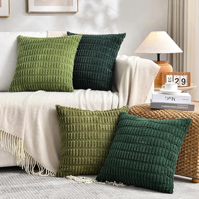 Fancy Homi 4 Packs Boho Moss Green Decorative Throw Pillow Covers 20x20 Inch for Couch Bed Sofa, Rustic Modern Farmhouse Home Decor, Soft Plush Corduroy Square Cute Cushion Case 50x50 cm
