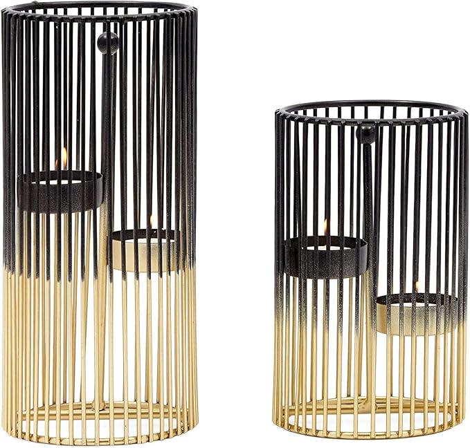 Juvale Set of 2 Black and Gold Geometric Candle Holders for Modern Table Decor (2 Sizes) - Black and Gold Candle Holder Set for Table Centerpieces
