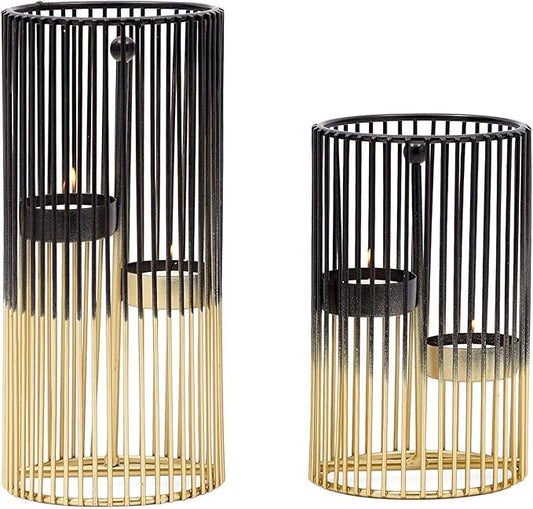 Juvale Set of 2 Black and Gold Geometric Candle Holders for Modern Table Decor (2 Sizes) - Black and Gold Candle Holder Set for Table Centerpieces