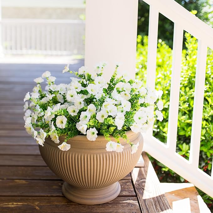 Artificial Flowers for Outdoors Fake Plants Outside Decoration, 12 Bundles Silk White Morning Glory UV Resistant Look Real Faux Flowers for Planter Front Door Porch Patio Yard Gardens Balcony