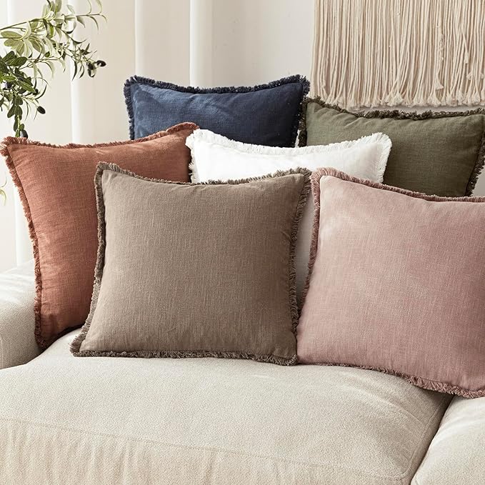 Foindtower Decorative Linen Fringe Throw Pillow Covers Cozy Boho Farmhouse Cushion Cover with Tassels Soft Accent Pillowcase for Chair Sofa Bed Living Room Home Decor, 18×18 Inch,1PC,Dusty Pink