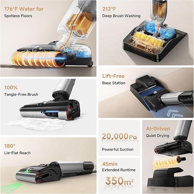 Mova X4 Pro Wet Dry Vacuum Cleaner, 20000Pa Cordless Vacuum Mop with Zero Tangle, Hot Water Mopping for Sticky Messes,194℉ Hot Air Self Drying, 180° Lie Flat, Push-In Charging Station, LED Display