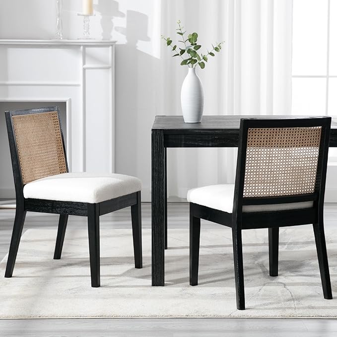 VESCASA Upholstered Dining Chairs with Square Rattan Back, Armless Padded Sherpa Fleece Cushion Dining Chairs with Wood Legs for Dining Room, Kitchen, Set of 2, Black Frame