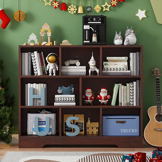 Book Shelf, 8 Cubes Storage Organizer, 3-Tier Open Shelf Wooden Bookcase, Freestanding Cherry Bookshelf Cube Shelf for Bedroom, Living Room, Home Office