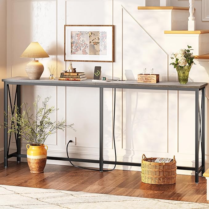 SUPERJARE 70 Inch Console Table with Outlets and USB-C Port, Extra Long Behind Couch Sofa Table with X-Shaped Design, Narrow for Entryway, Living Room, Metal Frame, Wooden Top, Grey