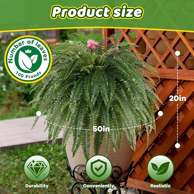 Single Silky 50" Artificial Fern Plant, Large Fake Fern with 100Fronds, Realistic Faux Boston Fern Bush for Outdoors & Indoor, Silk Greenery for Planter, Garden, Office, Home Décor