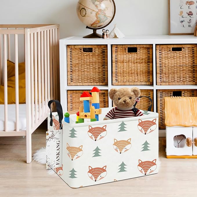 FANKANG Storage Bins, Nursery Hamper Canvas Laundry Basket Foldable with Waterproof PE Coating Large Storage Baskets for Kids Boys and Girls, Office, Bedroom, Clothes,Toys(Rec-Fox ）