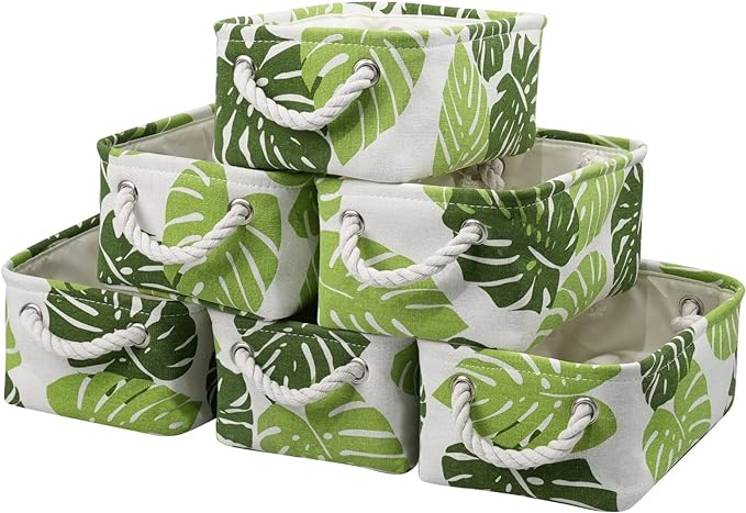 Storage Cubes, Storage Bins Baskets for Organizing 6 Pack for Organizing Toys, Clothes, Closet Baskets with Rope Handles for Nursery Home(White and Green,12"L×8"W×5"H)